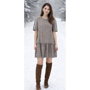 ZARA Brown Plaid Dress With Velvet Striped Accents Size S Winter Preppy